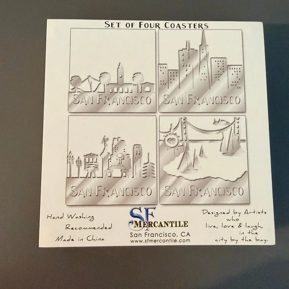 SF Mercantile San Francisco Skyline Mirrored Glass Coaster Set 4pc Silver Clear